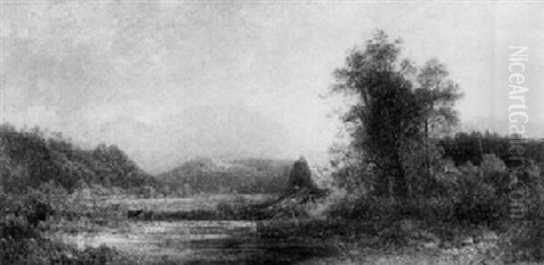 Oberbayerische Landschaft Mit Holzhutte Und Kuhen An Der Tranke - view 1