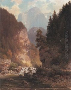 Gebirgsschlucht Mit Bach Und Einem Hirten Mit Seinen Ziegen by Ludwig Sckell