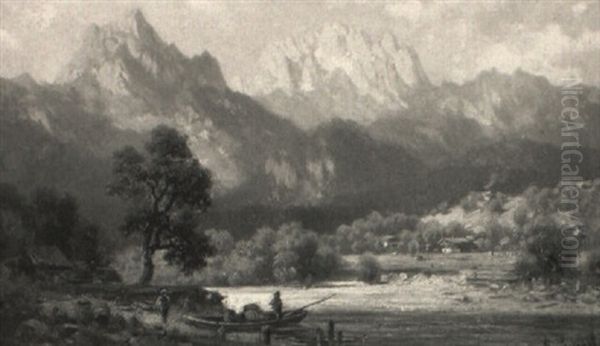 Voralpenlandschaft Mit Anglern An Einem Bachlauf - view 1