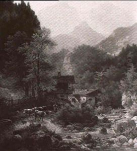 Bauernhauser Am Bach Im Gebirgstal by Ludwig Sckell