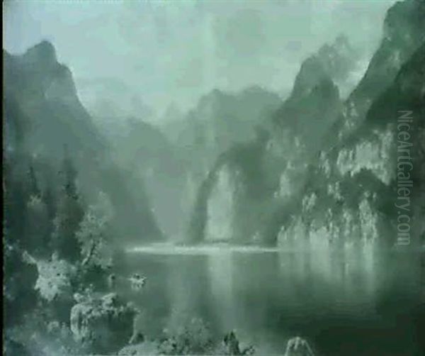Blick Vom Ufer Auf Den Konigssee Nach St. Bartholoma, Unweit Des Linken Ufers Bootspartie, Auf Gleicher Hohe Jager - view 1