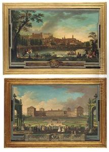 A View Of Moncalieri Castle With A Hunt And Onlookers In The Foreground, The Sunset Beyond Set Into A Feigned Niche (+ A View Of Moncalieri Castle With The Savoy Court Promenading; Pair)