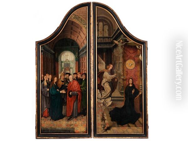 Altartafeln Mit Den Darstellungen Vermahlung Mariens Mit Dem Heiligen Josef Sowie Die Verkundigung (pair) (collab. W/jacob Cornelisz Van Oostsanen) - view 1