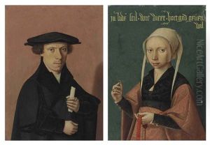 Portrait Of A Young Man In Black, Holding A Scroll (+ Portrait Of A Young Woman, In A Black And Red Damask Dress, Holding A Coral Rosary And A Ring, 2 Works) by Jan Van Scorel
