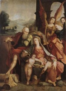 Die Hl. Familie Mit Dem Johannesknaben Und Engeln Vor Landschaftshintergrund by Jan Van Scorel