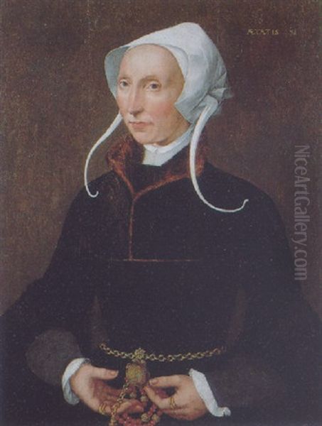 Portrait Of A Lady, Aged 31, Wearing A Black Dress Trimmed With Fur, A White Bonnet, A Gold Belt And Holding A Coral Rosary - view 1