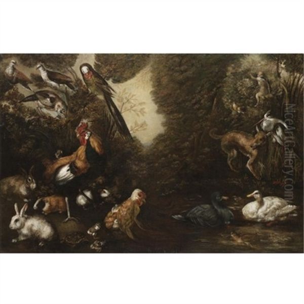 Still Life With Jays, A Parrot, Ducks, Guinea Pigs, Rabbits, A Fox And A Cockerel In A River Landscape - view 1