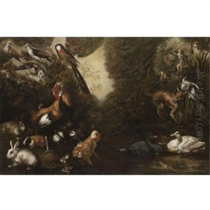 Still Life With Jays, A Parrot, Ducks, Guinea Pigs, Rabbits, A Fox And A Cockerel In A River Landscape by Sinibaldo Scorza