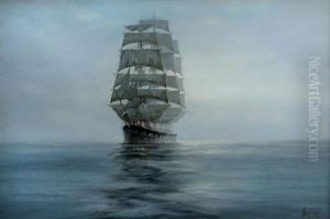 The Clipper Ship Mount Stewart Tons, Built 1891 By Barclay, Curle, Glasgow, In A Calm Sea At The Break Of Dawn, With A Navigation Light Glowing by Henri Louis Scott