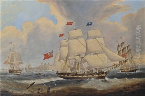 A Merchantman, In Three Positions, Off The Mouth Of The Tyne, With The Ruins Of Tynemouth Priory Observed On The Cliffs Beyond - view 1