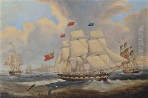 A Merchantman, In Three Positions, Off The Mouth Of The Tyne, With The Ruins Of Tynemouth Priory Observed On The Cliffs Beyond