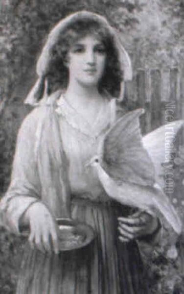 Young Lady Feeding A Dove In A Garden - view 1