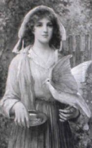 Young Lady Feeding A Dove In A Garden by John Scott