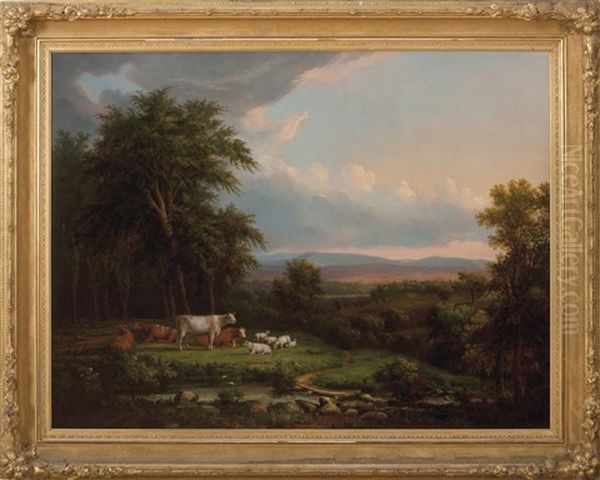 New England Landscape With Cows And Sheep Beside A Stream - view 1