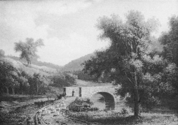 New Hampshire Scene With Stone Bridge And Shepherds With Flock Of Sheep - view 1