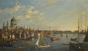 London, A View Of St Paul's Cathedral And Old London Bridge From The Thames, With The Royal Barge by Samuel Scott