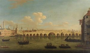 Figures Boating On The Thames Before London Bridge by Samuel Scott