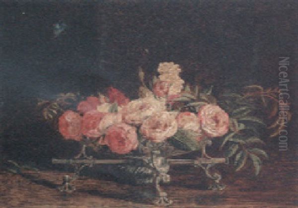 Pink And White Roses In An 18th Century Silver Dish-cross, A Chalkhill Blue Butterfly Above - view 1