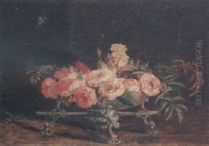 Pink And White Roses In An 18th Century Silver Dish-cross, A Chalkhill Blue Butterfly Above by William Bell Scott