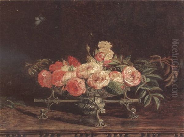 Pink And White Roses In An 18th Century Silver Dish-cross, A Chalkhill Blue Butterfly Above - view 1
