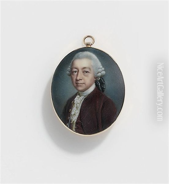 A Gentleman, In Russet Coat, Matching Waistcoat With Fur Trim, White Fine French Lace Cravat, Powdered Bag Wig En Queue - view 1