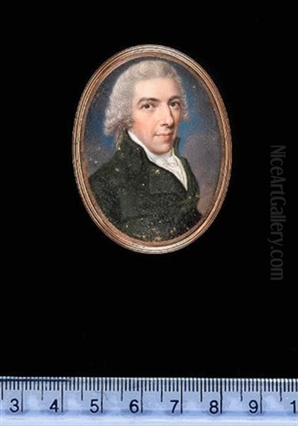 A Gentleman Wearing Dark Green Coat, White Waistcoat And Tied White Cravat, His Hair Powdered - view 1