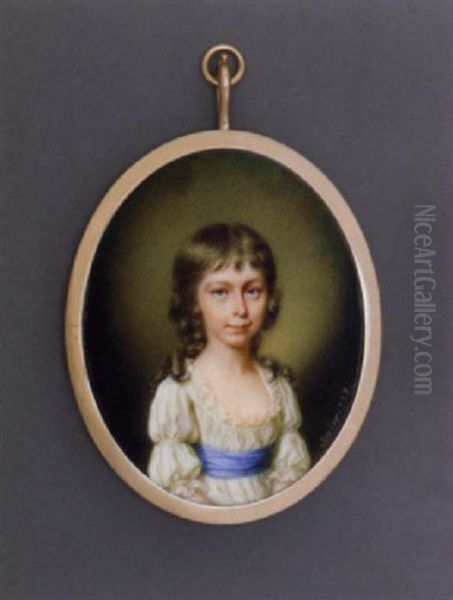 A Young Girl In Lace-bordered White Silk Dress With Blue Sash, Long Curling Brown Hair - view 1