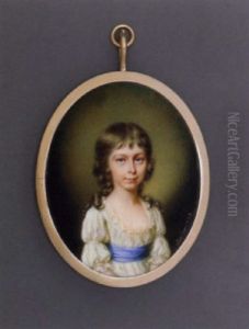 A Young Girl In Lace-bordered White Silk Dress With Blue Sash, Long Curling Brown Hair