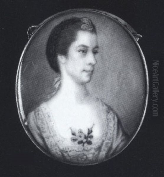 A Lady Wearing Decollete Pink Dress With White Lace Trim, Matching Ribbon And Feather In Her Upswept Plaited Hair, Pink Roses At Her Corsage by James Scouler