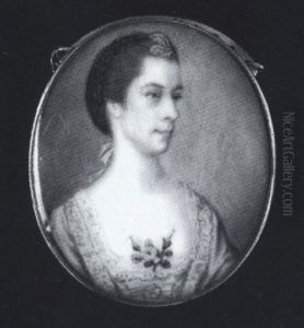 A Lady Wearing Decollete Pink Dress With White Lace Trim, Matching Ribbon And Feather In Her Upswept Plaited Hair, Pink Roses At Her Corsage by James Scouler