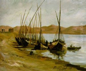 Uferlandschaft Am Nil Mit Segelbooten Uferlandschaft Am Nil Mit Segelbooten