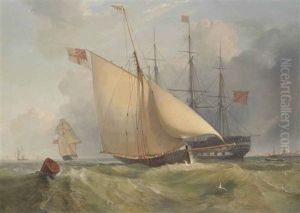A Royal Navy Three-decker Lying In The Anchorage At Spithead With A Cutter Yacht Heading Into Portsmouth Off To Port by Charles Henry Seaforth