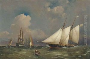 A Large Trading Schooner, A French Warship, A Royal Yacht Squadron Schooner And Other Shipping In Coastal Waters by Charles Henry Seaforth