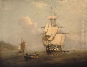 A Two-decker Drying Her Sails And Airing Ship, Lying At Anchor (+ A Frigate In Distress With A Fishing Boat Going To Her Rescue; Pair) by Charles Henry Seaforth