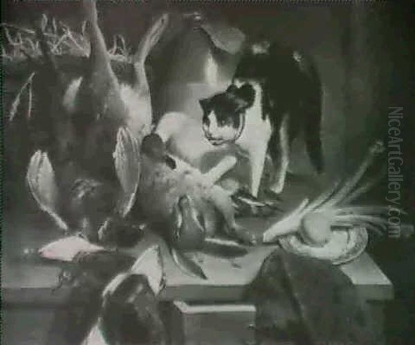 Still Lif Of Game On A Table With A Cat And Dog - view 1