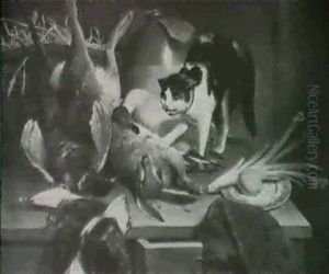 Still Lif Of Game On A Table With A Cat And Dog by Charles Henry Seaforth