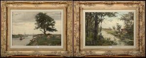 Paysage Anime Aux Moutons Et Pecheur Au Bord Du Ruisseau (pair)