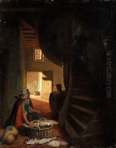 Treppeninterieur Mit Einer Jungen Frau Mit Fischkorb