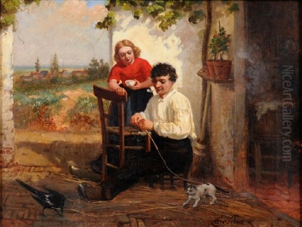A Laborer Repairing A Chair Before A Cottage A Landscape Beyond - view 1