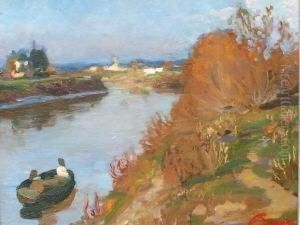 Flusslandschaft Mit Kleinem Kahn, In Dem Zwei Personen Sitzen by Otto Boyer