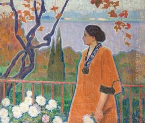 A Lady In An Autumn Landscape Near A Lake by Otto Boyer