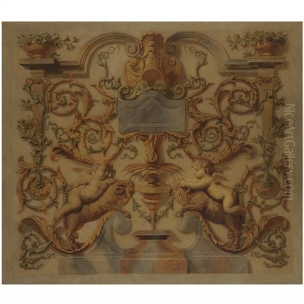 An Elaborate Trompe-l'oeil Sculpted Frieze With Putti Riding Rams - view 1