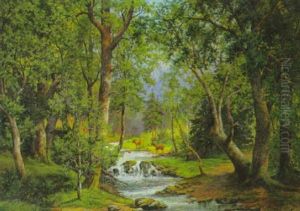 Rotwild Am Waldbach by Joseph Sedlacek