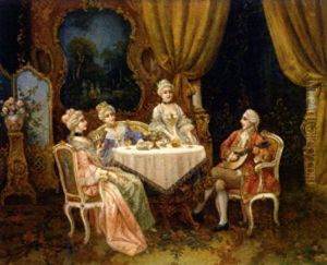 Rokokogesellschaft In Einem Salon Wird Von Mandolinenspieler Unterhalten by Stephan Sedlacek