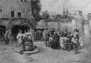 Feier Einer Gesellschaft In Historischen Gewandern Beim Untrunk Im Hof Eines Sudlandischen Hauses Feier Einer Gesellschaft In Historischen Gewandern Beim Untrunk Im Hof Eines Sudlandischen Hauses
