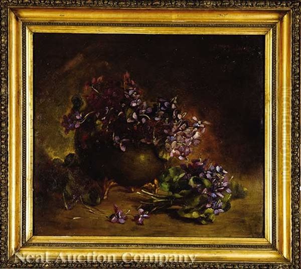 Still Life Of Violets In A Green Pottery Bowl - view 1