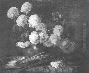 Still Life Of Peonies And Artist's Palette On Tablecloth