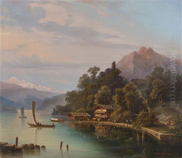 Ufer Des Vierwaldstattersees Mit Booten, Reizvoller Tier- Und Figurenstaffage Sowie Blick Auf Pilatus Und Habsburg - view 1