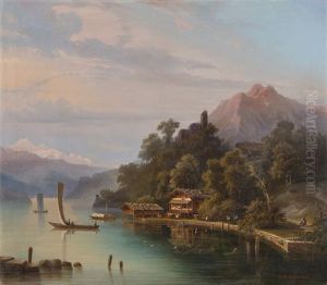 Ufer Des Vierwaldstattersees Mit Booten, Reizvoller Tier- Und Figurenstaffage Sowie Blick Auf Pilatus Und Habsburg
