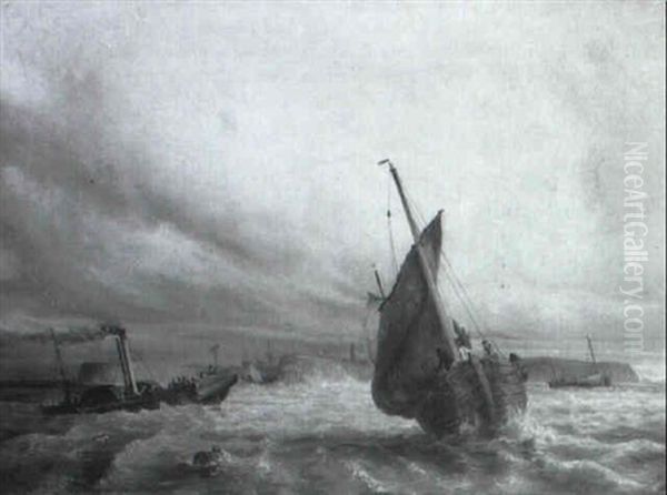 Fischerboot Und Raddampfer Vor Einer Hafeneinfahrt - view 1